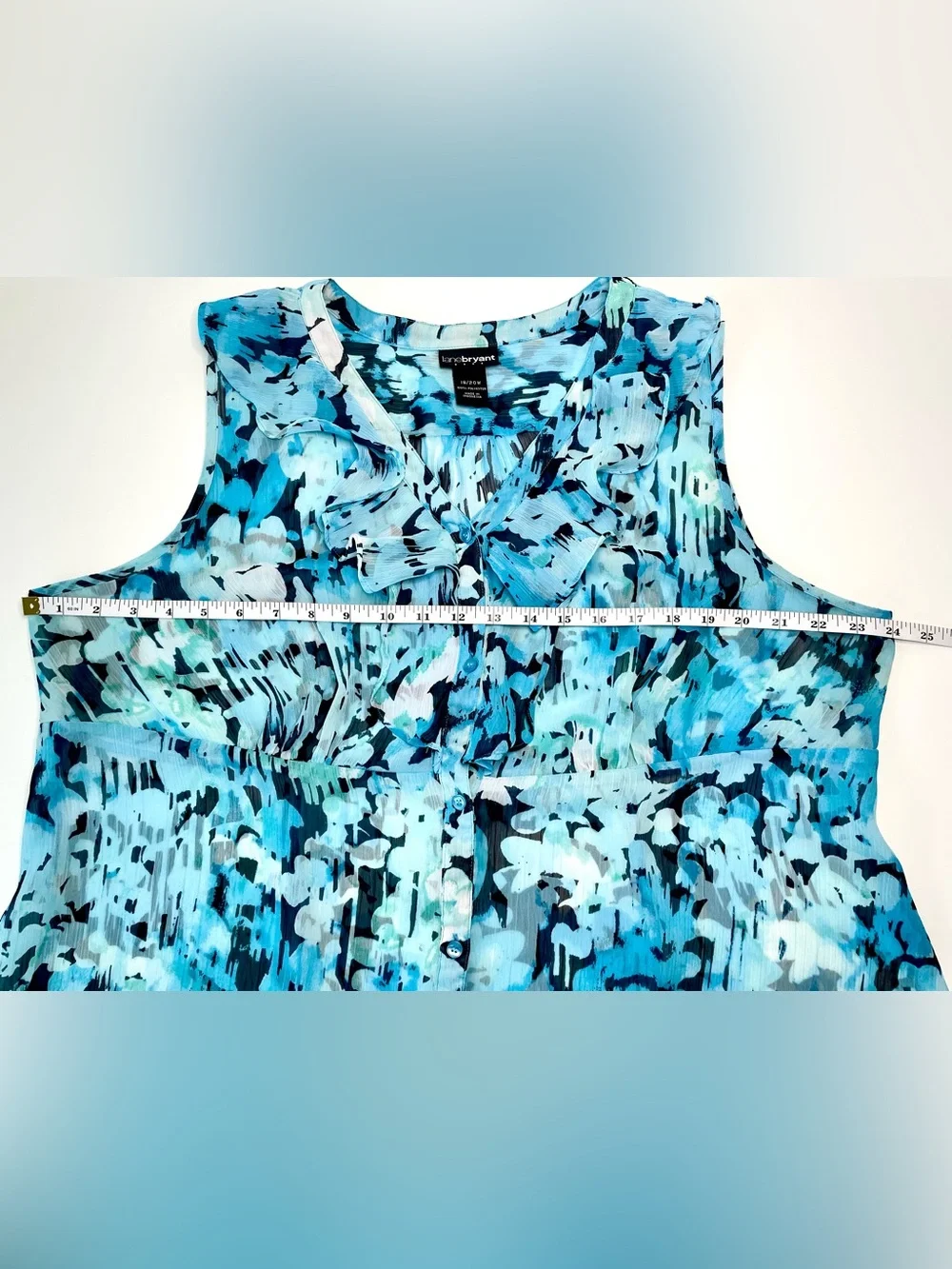Lane Bryant Blue Multi-Colored Floral Ruffle V-Neck Empire Waist Top Sz 18/22 W